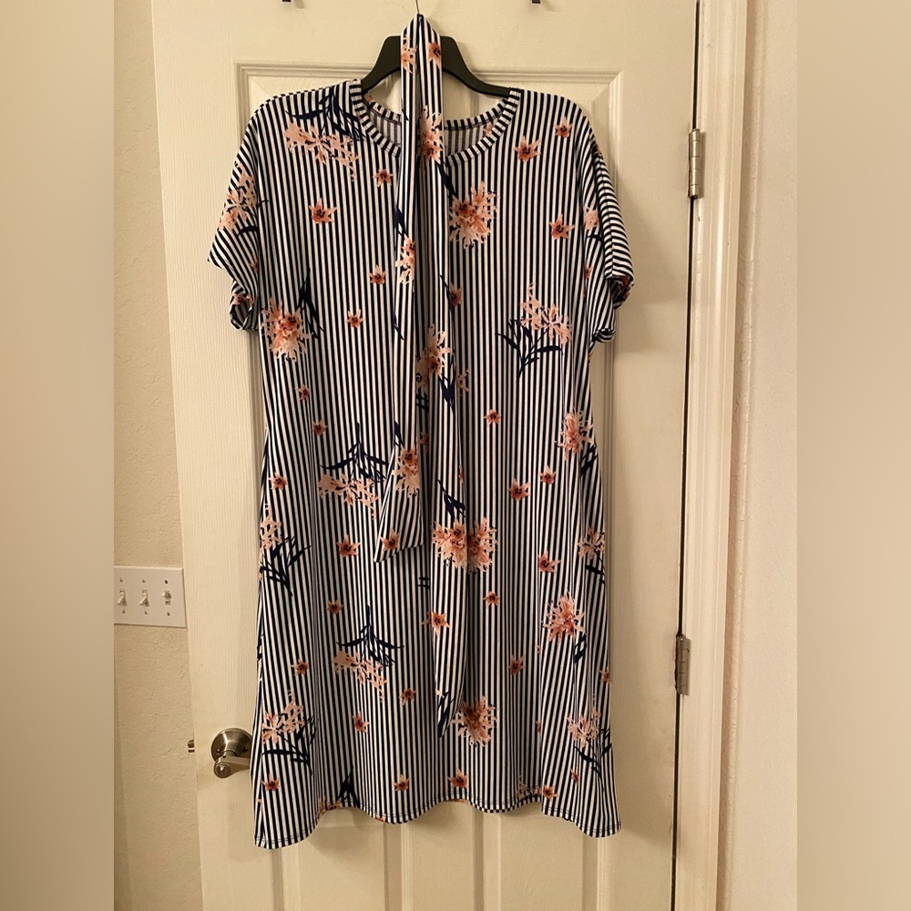 LuLaRoe Blue and Pink Striped Floral Midi Dress